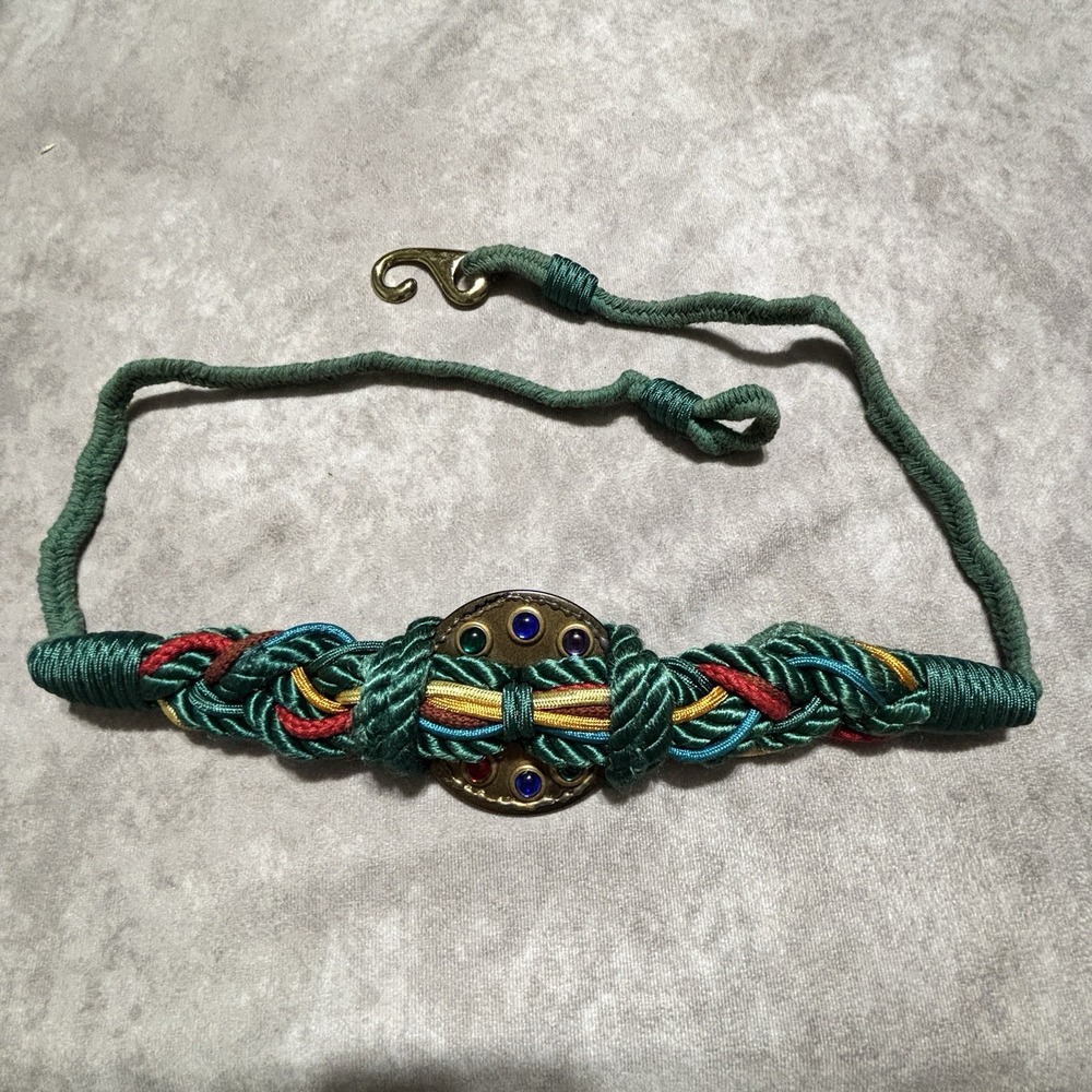 Rhea Belt 80s Braided Cord Rope Stretch Knot Waist With Center Embellishment - Picture 2 of 6